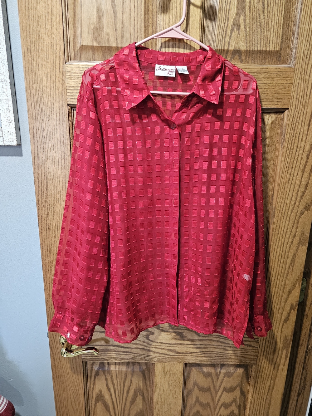 Red Sheer Check Button-Up Top Vintage